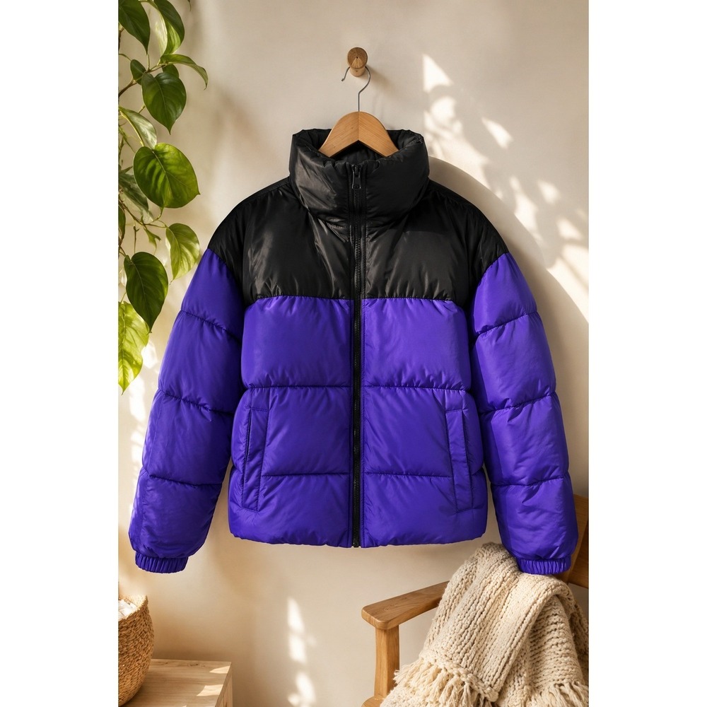 ONLY Womens Puffer Jacket Purple Black Colorblock‎ Quilted Zip Up Coat Large